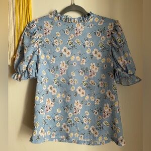 Floral Ruffle Sleeve Blue Blouse
